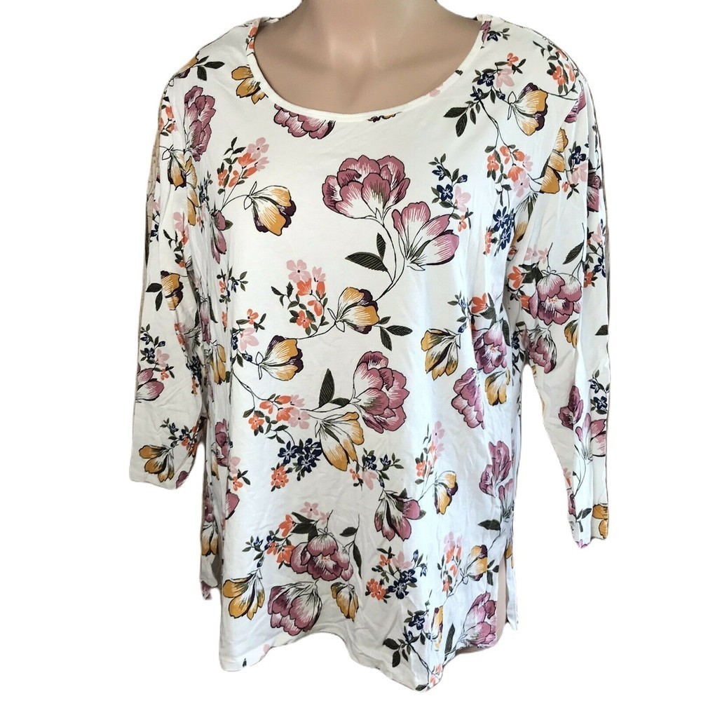 Terra & Sky Cute T-Shirt Blouse ~ Sz 22W ~ White ~ Floral ~ Long Sleeve